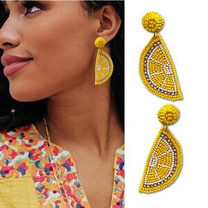 Lemon Slice Rhinestone Seed Beaded Summer Fruit Yellow Statement Earrings NEW